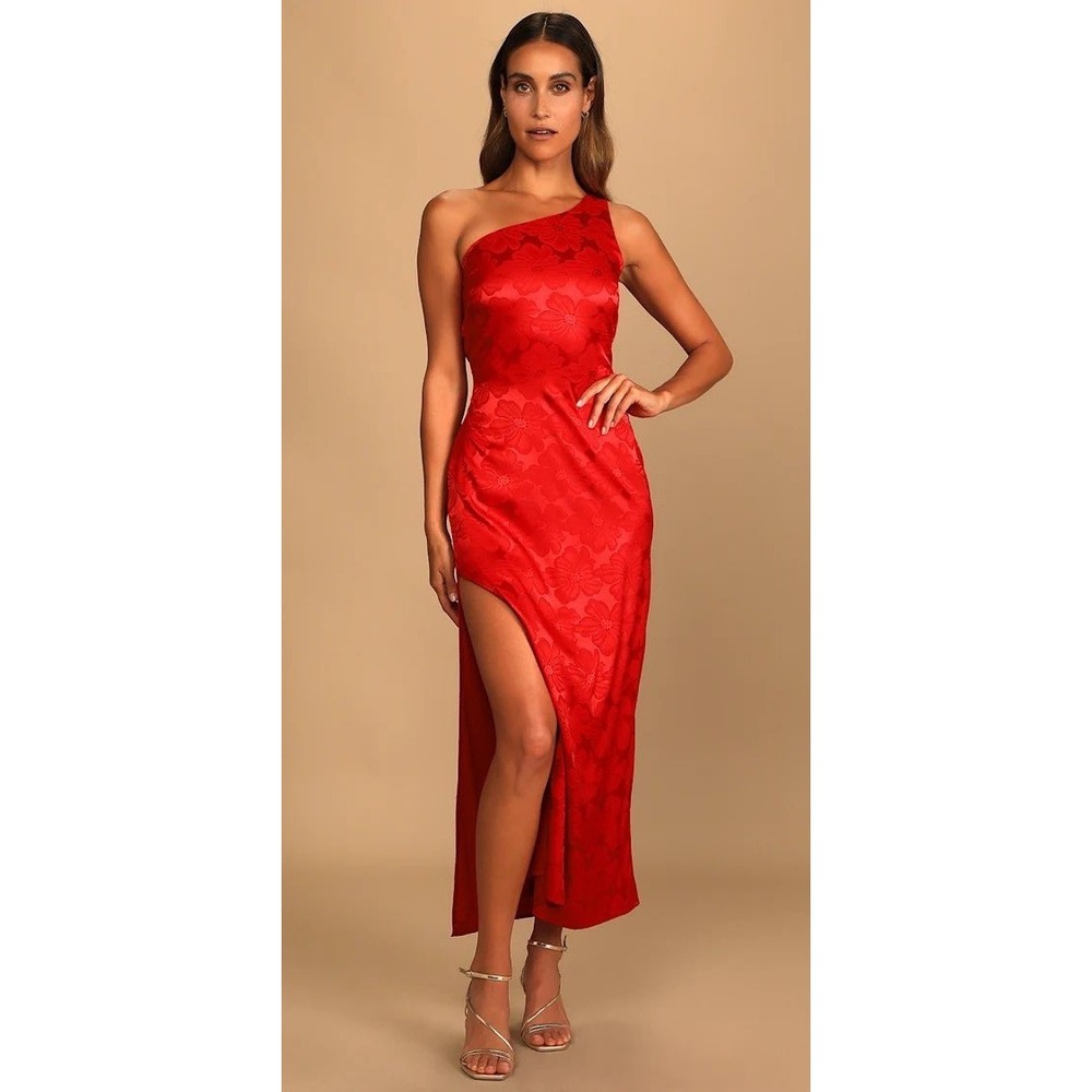 Lulus Chasing Desire Satin Jacquard Maxi Dress Women XL‎ Red Floral One Shoulder